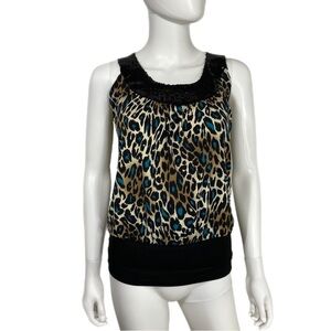 Candy Rain Turquoise Leonard Print Sequin Collar Sleeveless Blouse